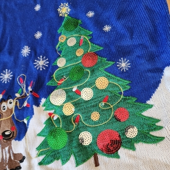 Holiday Time Reindeer Christmas Tree Blue Sweater Let It Glow Large L 12/14 EUC - Picture 8 of 12